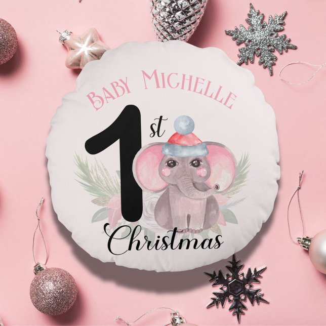 Baby Girl's 1st Christmas Cute Pink Elephant Name Round Cushion (Creator Uploaded)