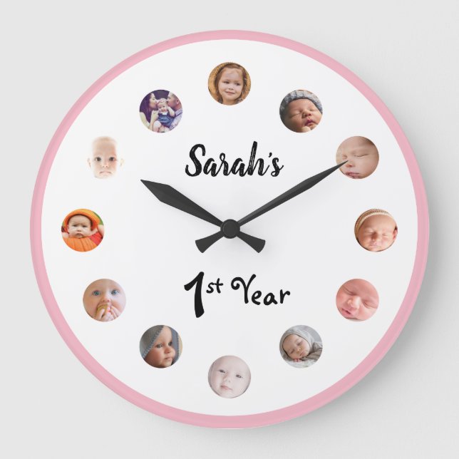 Baby Girl's 1st year birthday 12 month photos Large Clock (Front)