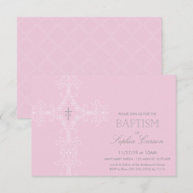 Baby Girl's Baptism Invitation & Elegant Cross (Front/Back)