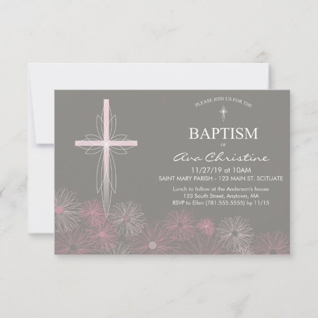 Baby Girl's Baptism Invitation with Cross, Daisies (Front)