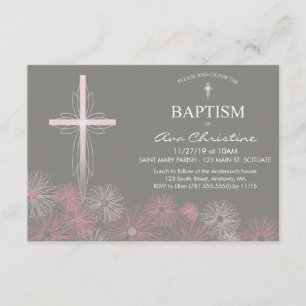 Baby Girl's Baptism Invitation with Cross, Daisies