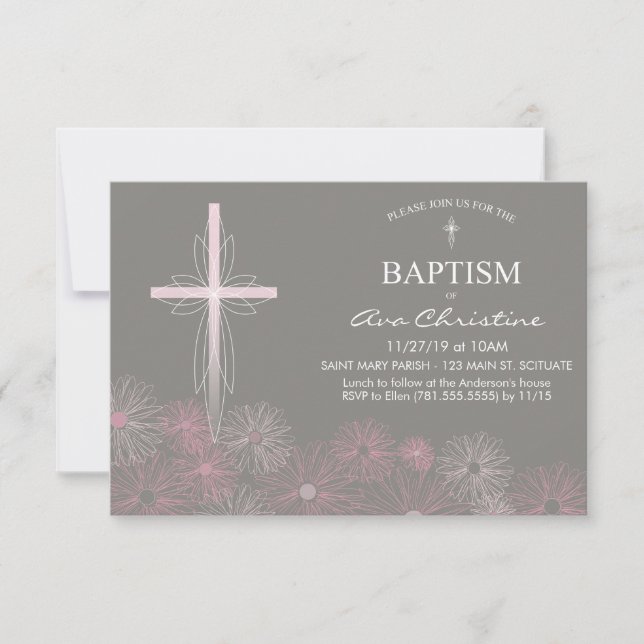 Baby Girl's Baptism Invitation with Cross, Daisies (Front)