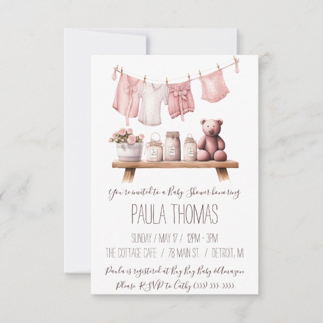 Baby Girl's Clothes Clothesline Baby Shower  Invitation (Front)