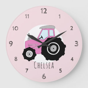Baby Girl's Doodle Pink Farm Tractor Car Nursery Large Clock