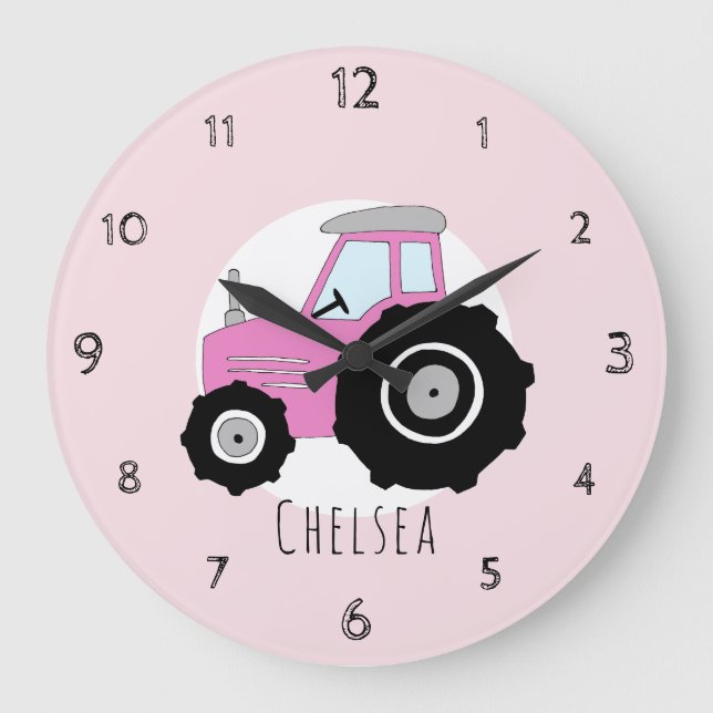 Baby Girl's Doodle Pink Farm Tractor Car Nursery Large Clock (Front)