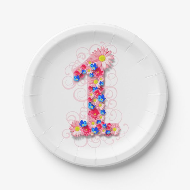Baby Girls First 1st Birthday Pink Flower One Paper Plate (Front)