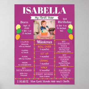 Baby Girl's First Birthday Photo Poster