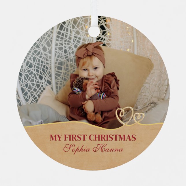 Baby Girl's First Christmas Birth Stats & Photo Metal Tree Decoration (Front)