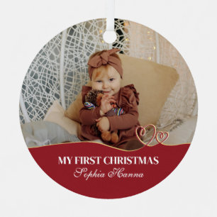 Baby Girl's First Christmas Birth Stats & Photo Metal Tree Decoration