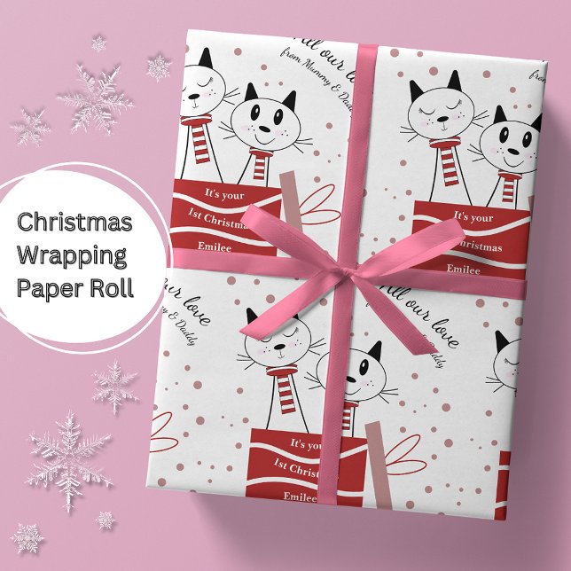 Baby Girls First Christmas Cats Pink Red Wrapping Paper (Creator Uploaded)