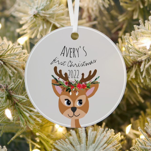 Baby Girls First Christmas Festive Reindeer & Name Metal Tree Decoration (Insitu)