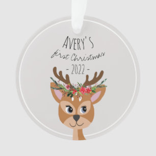 Baby Girls First Christmas Festive Reindeer & Name Ornament