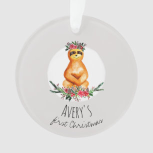 Baby Girl's First Christmas Festive Sloth and Name Ornament
