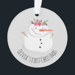 Baby Girls First Christmas Flower Snowman and Name Ornament<br><div class="desc">This adorable design features a unique and cute watercolor-style snowman wearing a Christmassy garland,  as well as space for you to personalise the item using your baby girl's name,  and add a photo. The perfect keepsake for you little one's first Christmas,  or for a snowman-loving kid!</div>