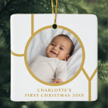 Baby Girl's First Christmas Photo Ceramic Ornament<br><div class="desc">This simple Baby Girl's First Christmas Photo Ornament is decorated with the word JOY in gold on a white background.
Easily customisable with your photo,  name,  and year.</div>