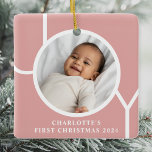 Baby Girl's First Christmas Photo Pink Ceramic Ornament<br><div class="desc">This simple Baby Girl's First Christmas Photo Ornament is decorated with the word JOY on a pink background.
Easily customisable with your photo,  name,  and year.</div>