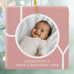 Baby Girl's First Christmas Photo Pink Ceramic Ornament<br><div class="desc">This simple Baby Girl's First Christmas Photo Ornament is decorated with the word JOY on a pink background.
Easily customisable with your photo,  name,  and year.</div>