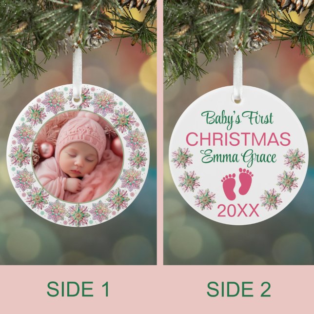Baby Girls First Christmas Photo Pink Snowflakes  Ceramic Tree Decoration (Creator Uploaded)