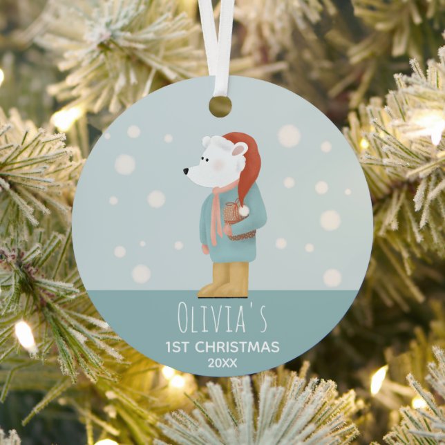 Baby Girls First Christmas Photo Polar Bear & Snow Metal Tree Decoration (Insitu)