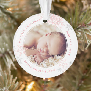 Baby Girl's First Christmas Pink Snowflakes Photo Ornament