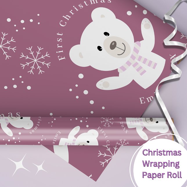 Baby Girls First Christmas Polar Bear Pink Wrapping Paper (Creator Uploaded)