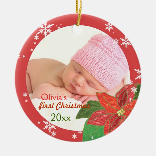 Baby Girl's First Christmas Red Photo Ornaments (Front)