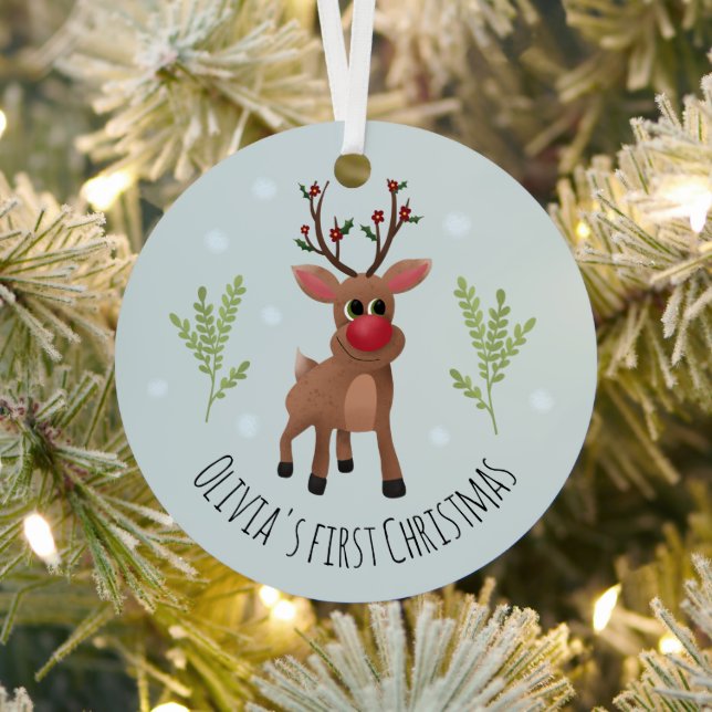 Baby Girls First Christmas Rudolph Reindeer & Snow Metal Tree Decoration (Insitu)