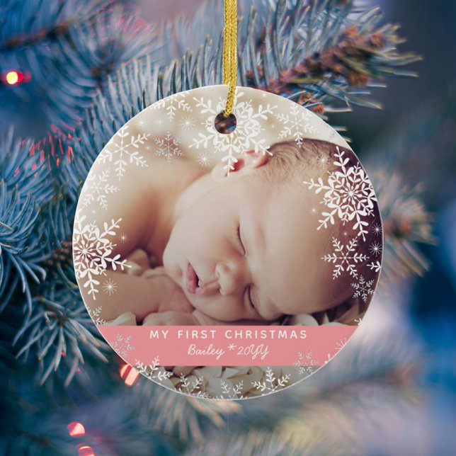 Baby Girl's First Christmas Snowflakes Pink Glass Tree Decoration (Creator Uploaded)