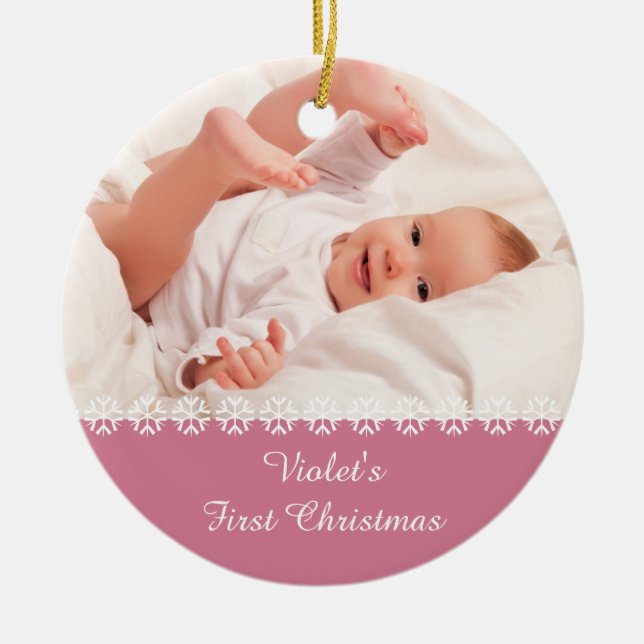 Baby Girls First Christmas w. Photo & Stats - Pink Ceramic Tree Decoration (Front)
