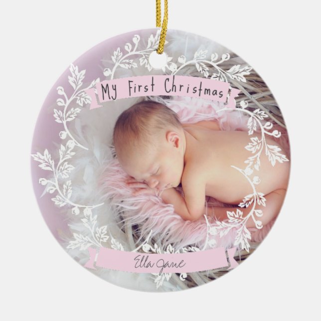 Baby Girl's First Photo Christmas Ornament (Front)