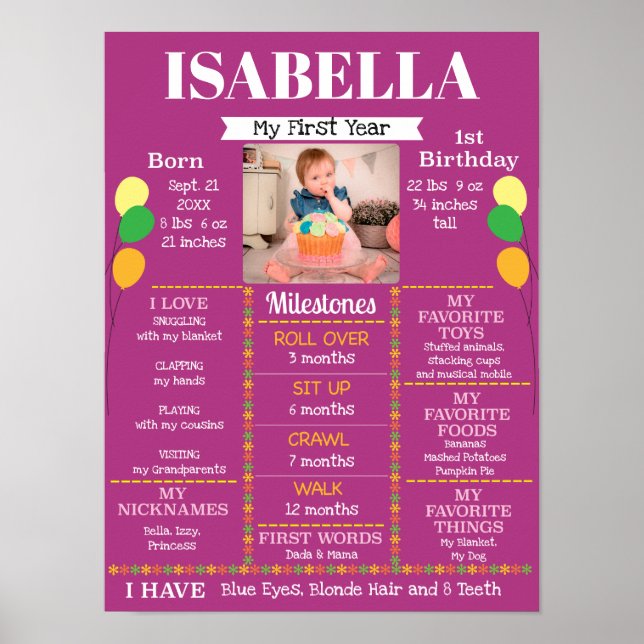 Baby Girl's Milestones First Birthday Photo Poster (Front)