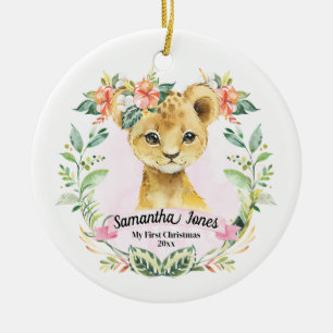 Baby Girl's My First Christmas Watercolor Lion Cub Ceramic Tree Decoration