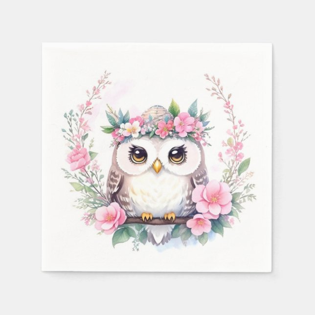 Baby Girl's Owl Floral Shower Napkin (Front)