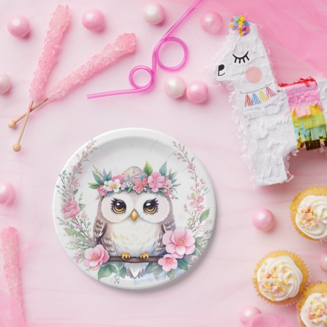 Baby Girl's Owl Floral Shower Paper Plate (Party)