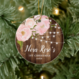 Baby Girl's Personalised 1st Christmas Wood Floral Ceramic Tree Decoration