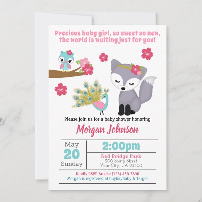 Baby Girls Pink Fox Baby Shower Invitation (Front)