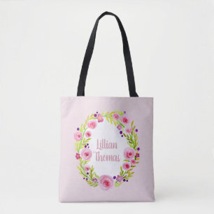 Baby Girl's Pink Watercolor Flower Wreath and Name Tote Bag