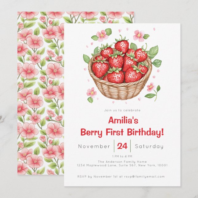 Baby Girls Strawberry Berry First Birthday  Invitation (Front/Back)