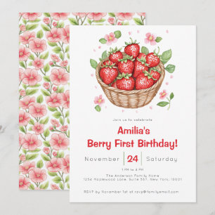 Baby Girls Strawberry Berry First Birthday  Invitation
