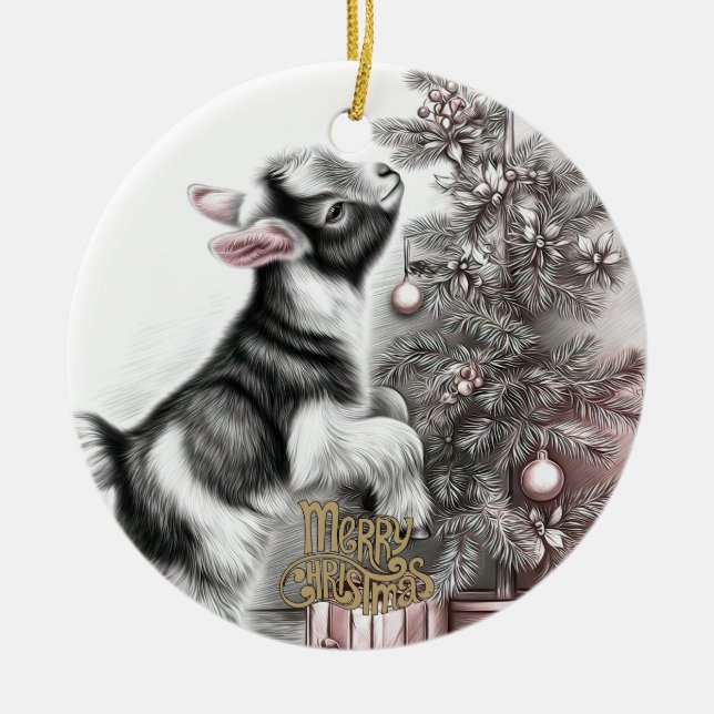 Baby Goat Christmas 10 and YOUR PHOTO Ceramic Tree Decoration (Front)