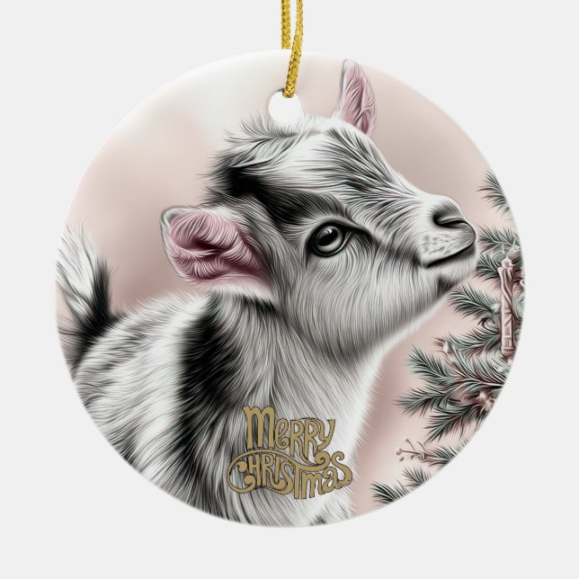 Baby Goat Christmas 12 and YOUR PHOTO Ceramic Tree Decoration (Front)