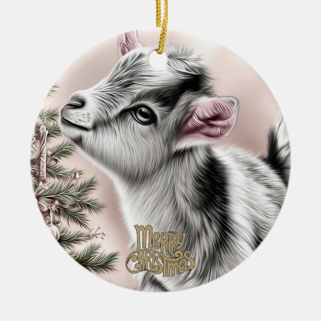 Baby Goat Christmas 13 and YOUR PHOTO Ceramic Tree Decoration (Front)