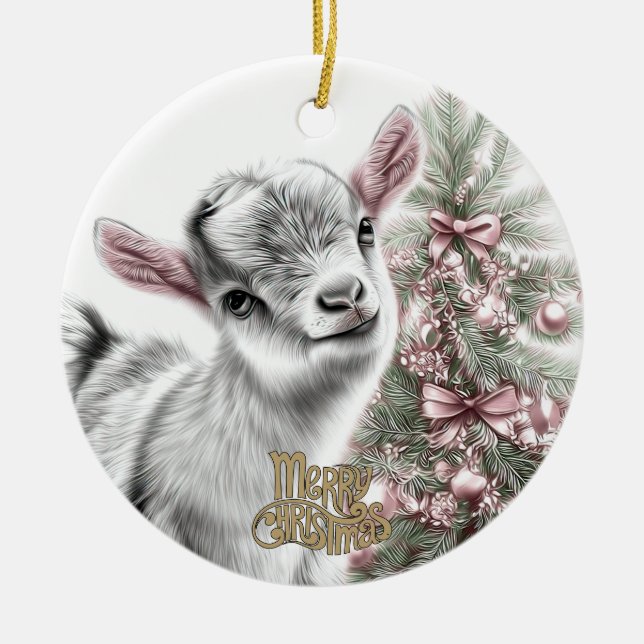 Baby Goat Christmas 14 and YOUR PHOTO Ceramic Tree Decoration (Front)