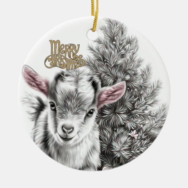 Baby Goat Christmas 18 and YOUR PHOTO Ceramic Tree Decoration (Front)