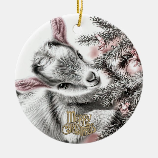 Baby Goat Christmas 5 and YOUR PHOTO Ceramic Tree Decoration (Front)