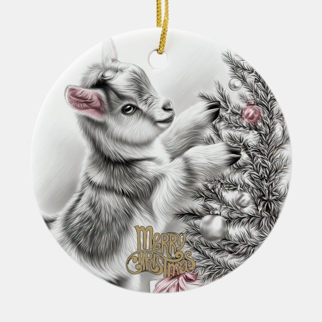 Baby Goat Christmas 8 and YOUR PHOTO Ceramic Tree Decoration (Front)