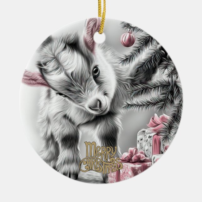 Baby Goat Christmas 9 and YOUR PHOTO Ceramic Tree Decoration (Front)