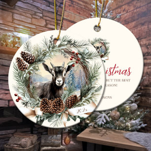Baby goat farm animal Christmas pinecone wreath Ceramic Tree Decoration
