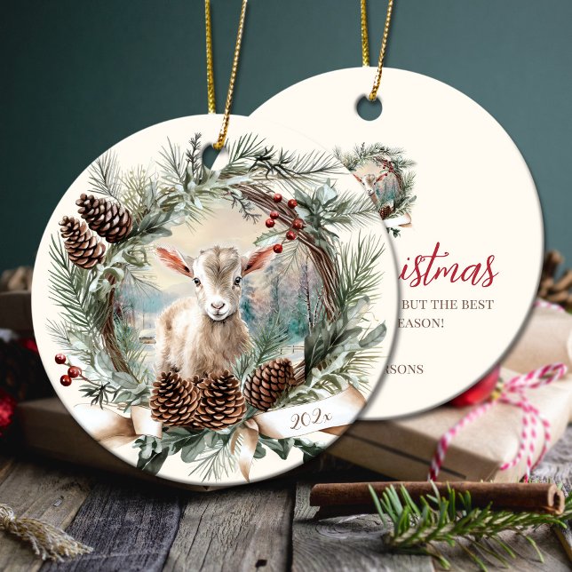 Baby goat farm animal Christmas pinecone wreath Ceramic Tree Decoration (Baby goat farm animal Christmas pinecone wreath Ceramic Ornament)