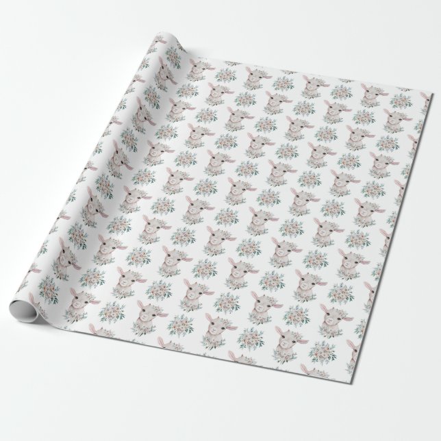 Baby Goat Floral Wrapping Paper (Unrolled)